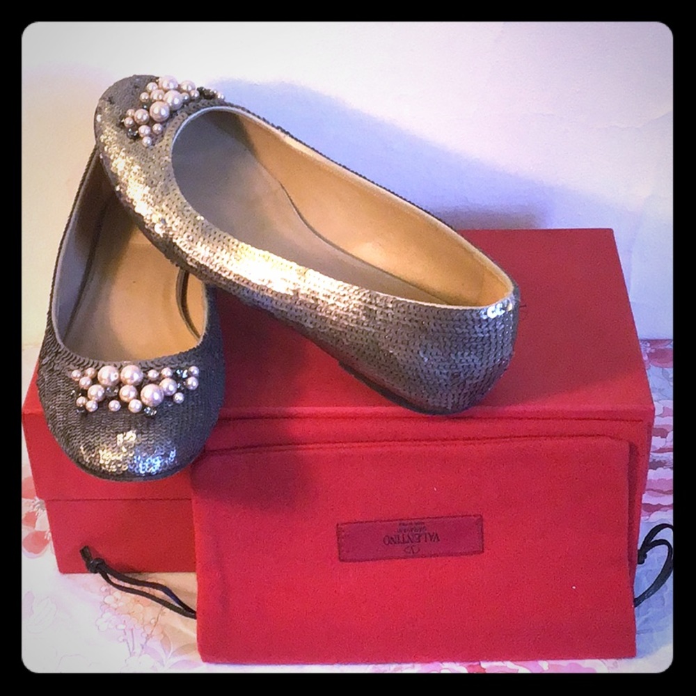 Valentino Garavani Silver Sequin Ballet Flat 37.5